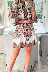 Ethnic Floral Lantern Sleeve Collared Boho Dress