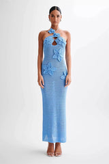 Cut-Out Halter Appliqué Fitted Bodycon Maxi Sweater Dress