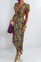 Elegant Floral V Neck Lantern Sleeve Boho Dress