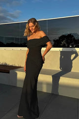 Simple Elegant Fold Over Off Shoulder Pleated Sheath Boho Dress