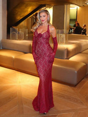 Flower Mermaid Burgundy Maxi Lace Dress