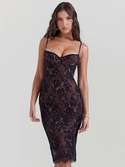 Lace Print Spaghetti Strap Midi Dress