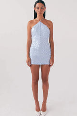 Halter Sequin Backless Cross Tie Graduation Party Dress