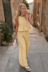 Plaid Ruffle Hem Round Neck Sleeveless Pants Set