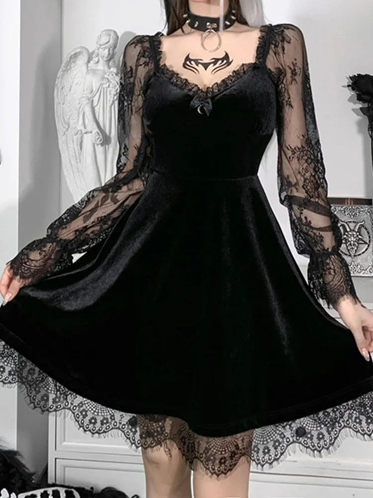 Moon  Black Grunge Dark V Neck Aesthetic Vintage Mini Long Sleeve Autumn Dress