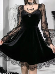 Moon  Black Grunge Dark V Neck Aesthetic Vintage Mini Long Sleeve Autumn Dress