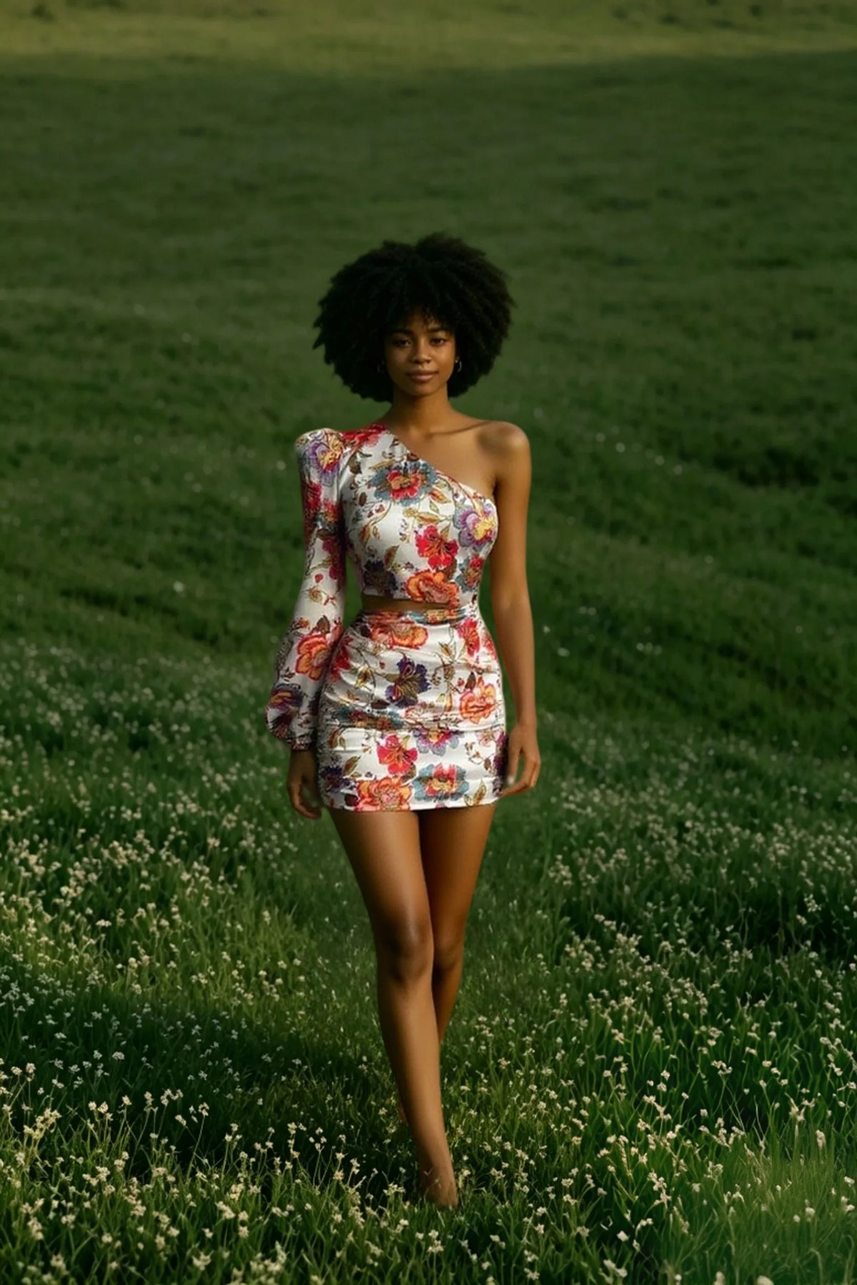 DressBetty - Women Fashion Floral Print Cutout Lantern Long Sleeve Dress