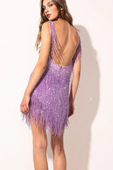 Fringe Sequin Slit Halter Graduation Party Dress