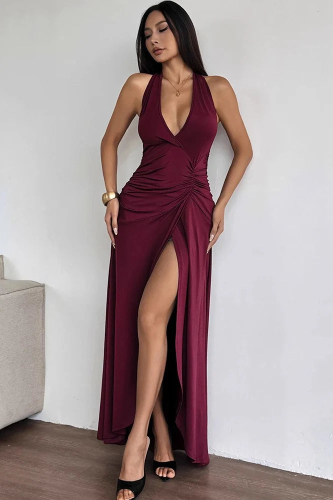 Deep V Backless Halter Ruched Formal Dress