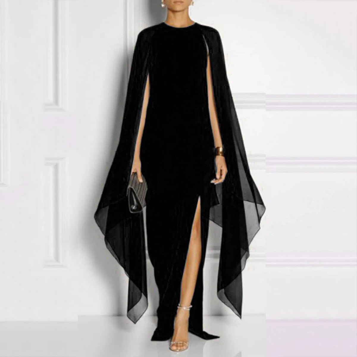 Elegant Summer Maxi Chiffon Cape  Long High Slit Irregular Batwing Sleeve Vestidos Dress