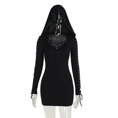 New Dark Retro Punk Street Hooded High Waist  Mini Gothic Vintage Pentagram Strap Long Sleeve Dress