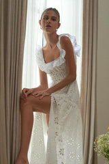 Ruffled Square Neck Embroidered Backless Split Boho Dress