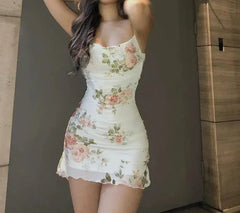 Mesh Irregular Tight Floral Dress