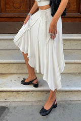 Solid Color Pleated Asymmetric Midi Skirt
