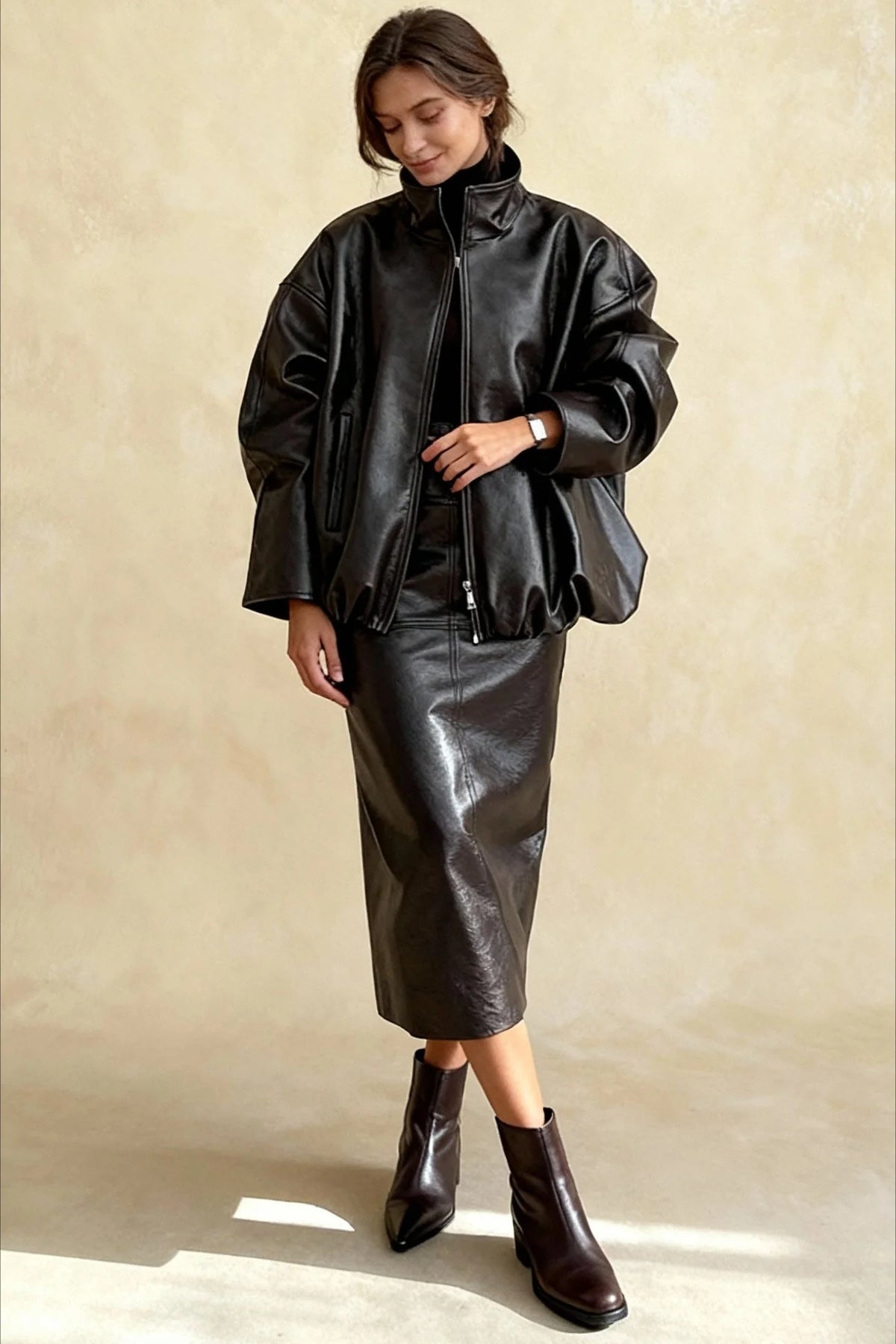 Chic Solid Patent Leather Stand Collar Jacket Skirt Two Piece Set