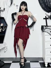 Halter Neck  Sleeveless Ruched Bodycon Asymmetrical A-Line Hem Party Cocktail Mini Dress