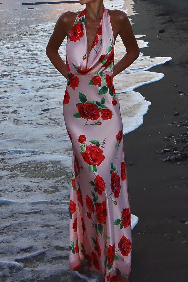 Printed Halter Backless  Maxi Silk Dress