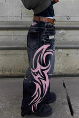 Vintage Printed Washed Distressed Wide Leg Denim Jeans