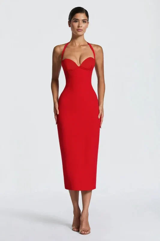 Solid Halter Neck Tie Back Midi Party Dress