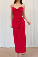 Halter Neck Tie Detail Evening Wrap Dress