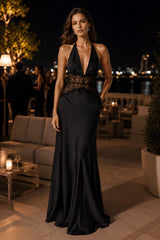 Solid Lace Sheer Halter Tie Back Slip Dress