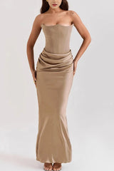 Satin Ruched Strapless Bodycon Dress