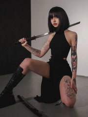 Gothic Dark High Split  Bandage Halter Slim Grunge Y2K Partywear Dress