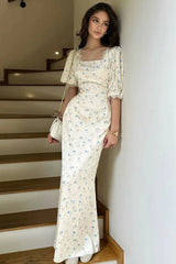 Satin Puff Sleeve Floral Dress