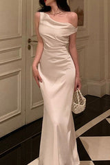 Satin Asymmetrical Cowl Neck Mermaid Gown Silk Dress