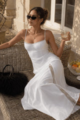 Low Cut Lace Trim Waist Cinch Slip Dress