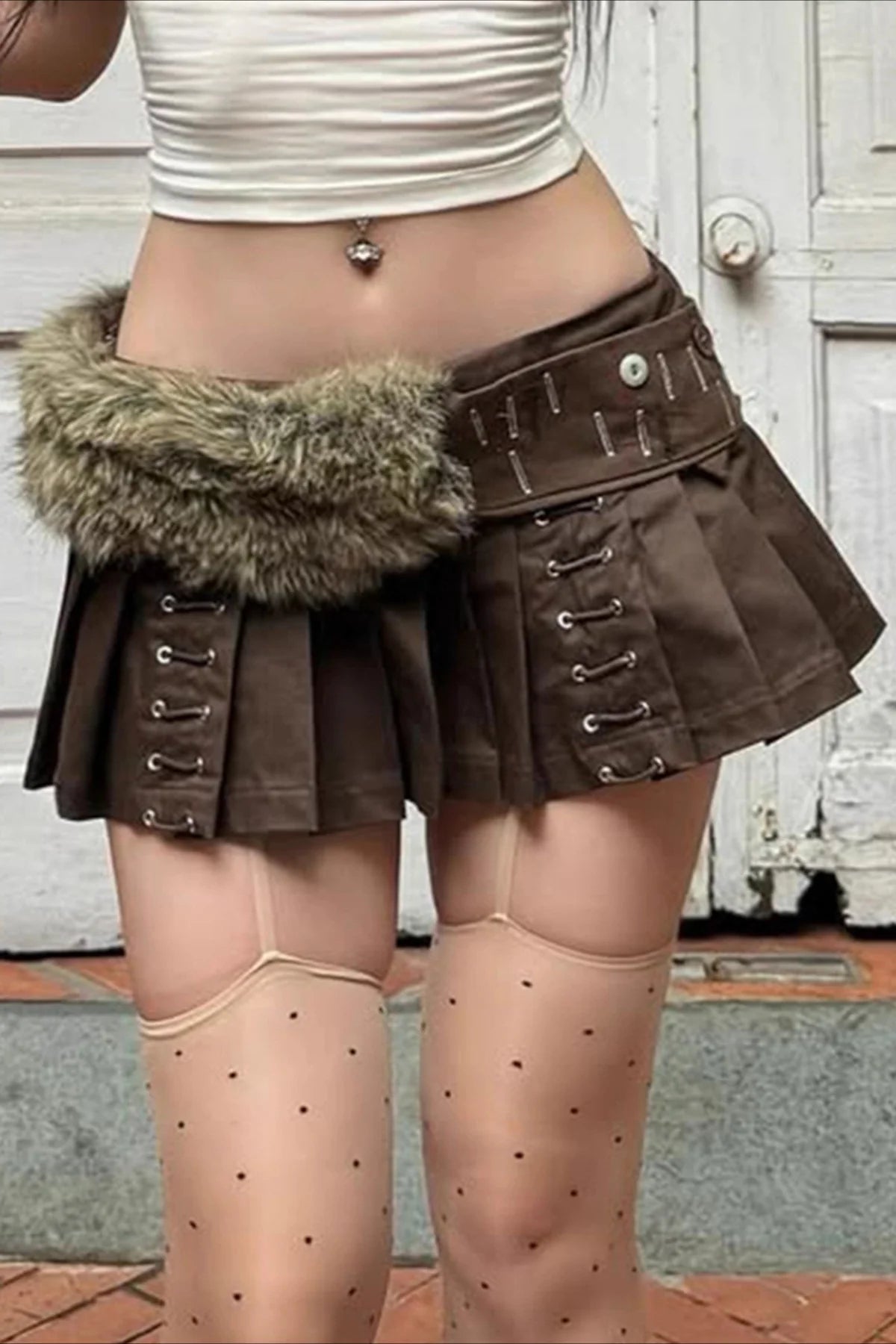 Faux Fur Belted Side Zipper Pleated Skirt