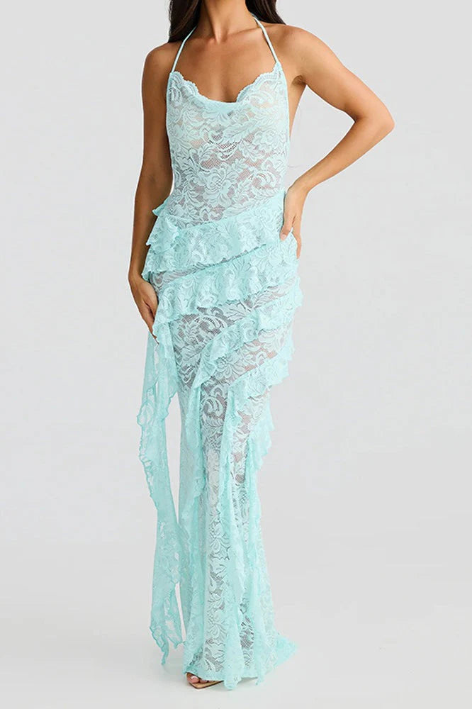 Backless Lace Halter Maxi Dress