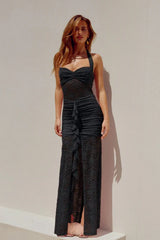 Sheer Lace Ruched Halter Wrap Dress