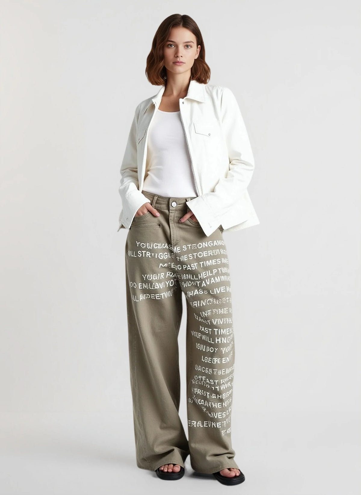Vintage Washed Letter Print Wide Leg Slim Floor Length Jeans