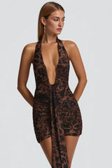 Leopard Halter Backless Deep V Mini Party Dress
