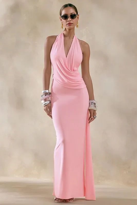 Asym Halter Backless Draped Party Dress