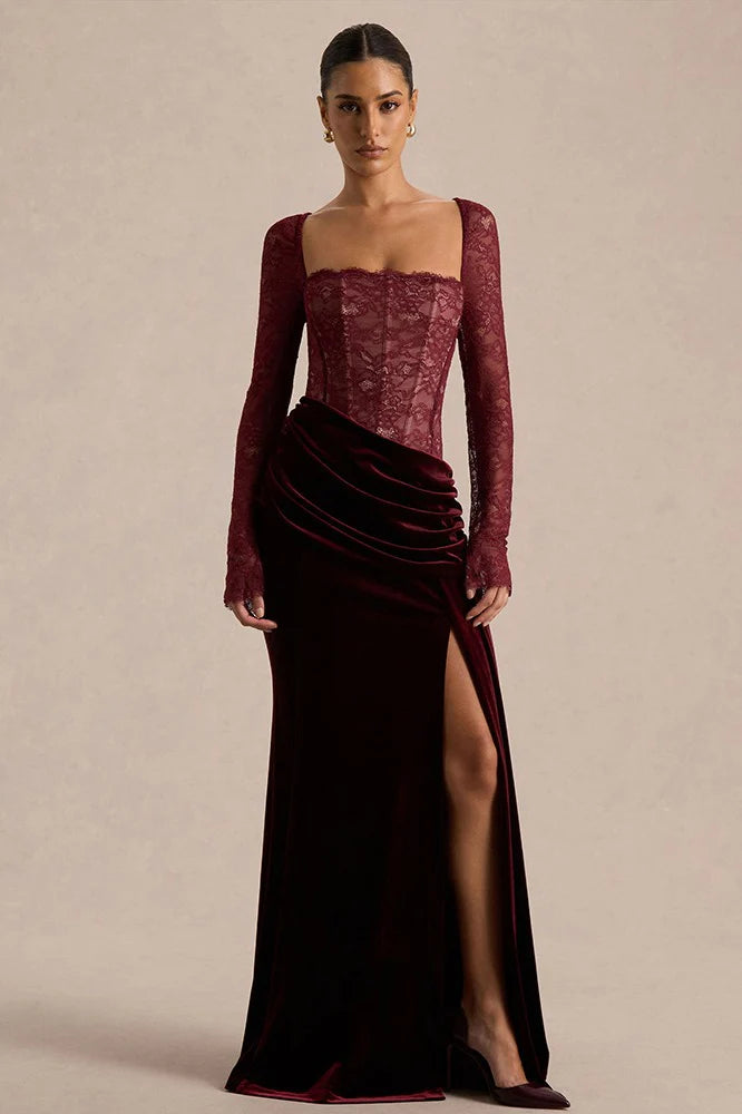 Lace Panel High Slit Long Sleeve Maxi Lace Dress