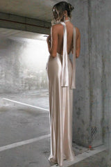 Chic  Deep V Halter Backless Satin Ribbon Formal Dress