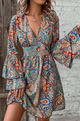Elegant Paisley Print V Neck Bell Sleeve Boho Dress