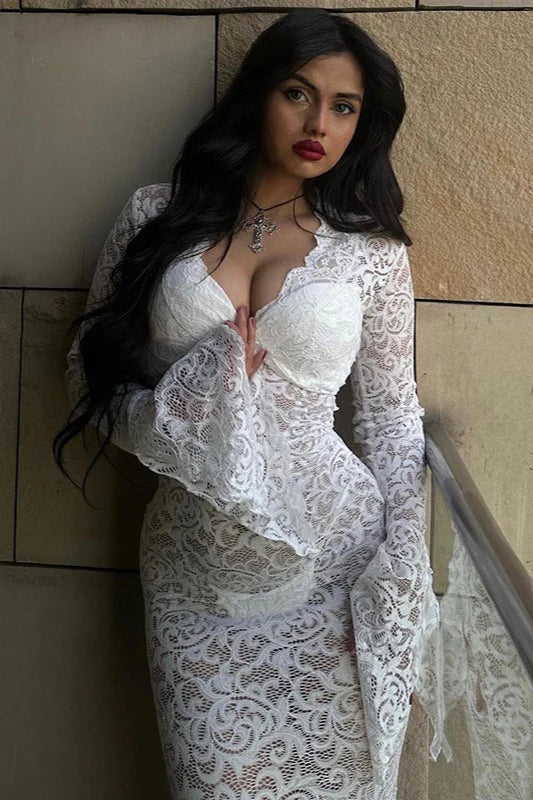 Sheer Lace Deep V-Neck Flared Sleeve Maxi Lace Dress