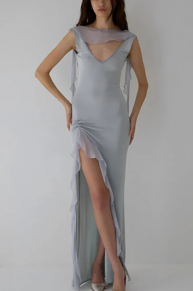 High Slit Ruffle Slip Dress