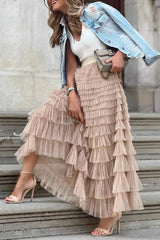 Tiered Sheer Mesh A-Line Maxi Skirt