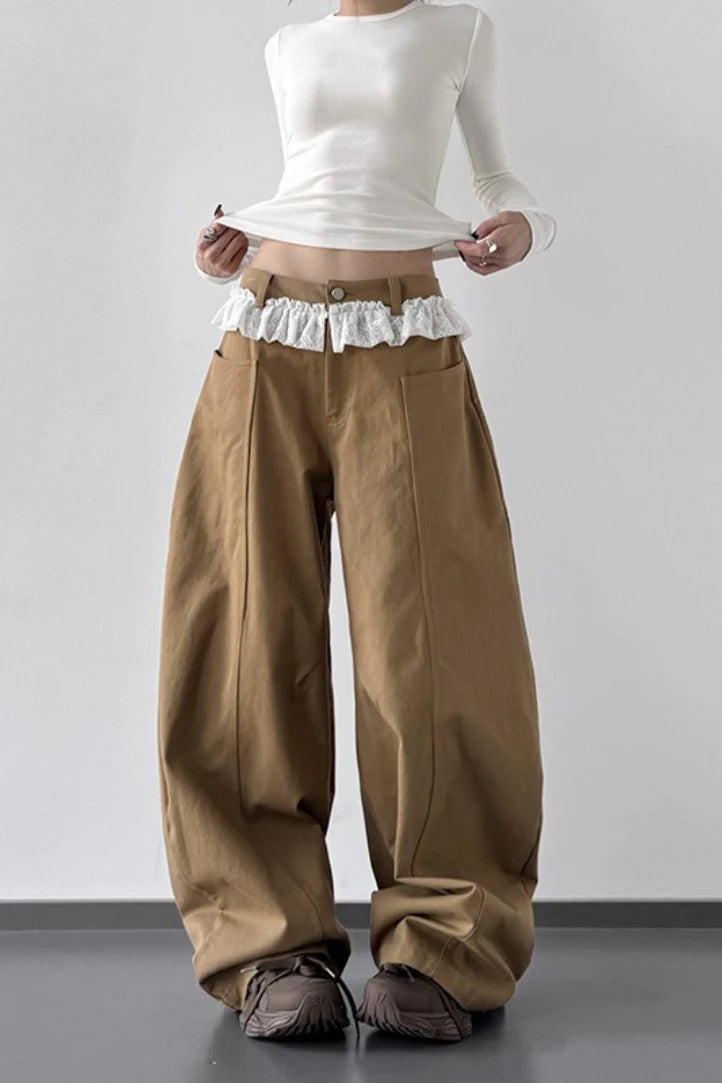 High Waist Lace Paneled Straight Wide Leg Floor Length Jeans