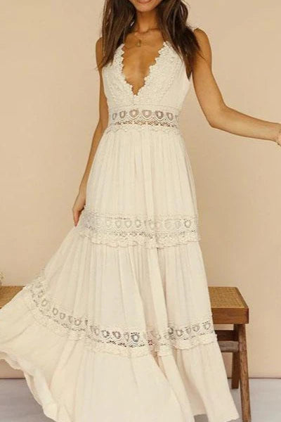 Elegant Lace V Neck Mid Rise Boho Dress