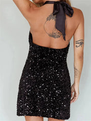 Glitter Halter Party  Sequined Tie-Up Mini Dresses