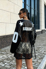 Lace Sheer V Neck Print Sweatshirt