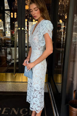 V Neck Puff Sleeve Solid Bodycon Elegant Lace Dress