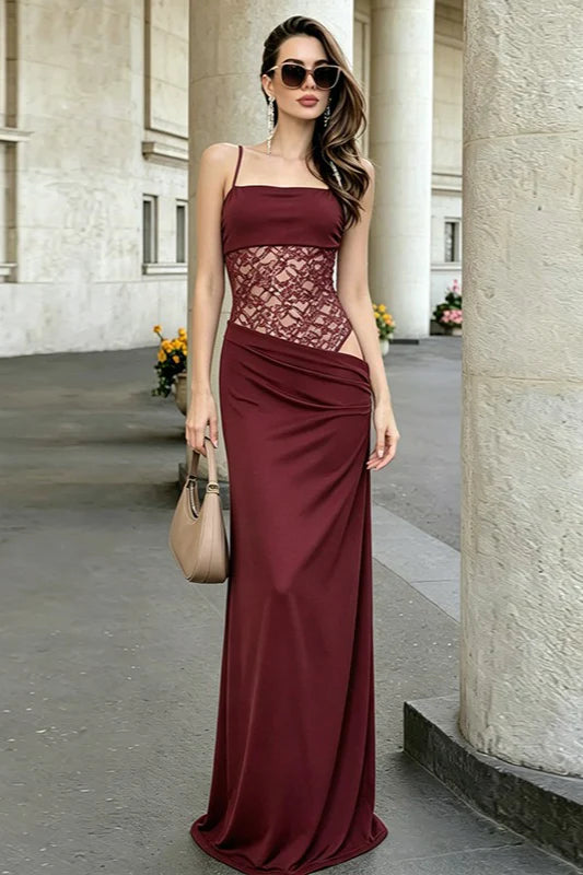 Lace Panel Cami Lace-Up Waist Cutout Lace Dress