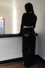 High Waist Embroidered Letter Pocket Loose Straight Jeans