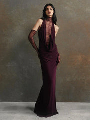 Turtleneck Pleated Gloves Backless Lace Dress
